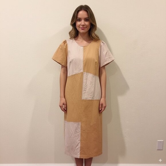 Lost + Wander LA Crème Color Block Cottage Linen Midi Dress Cream Sand OS NWT - Picture 1 of 6